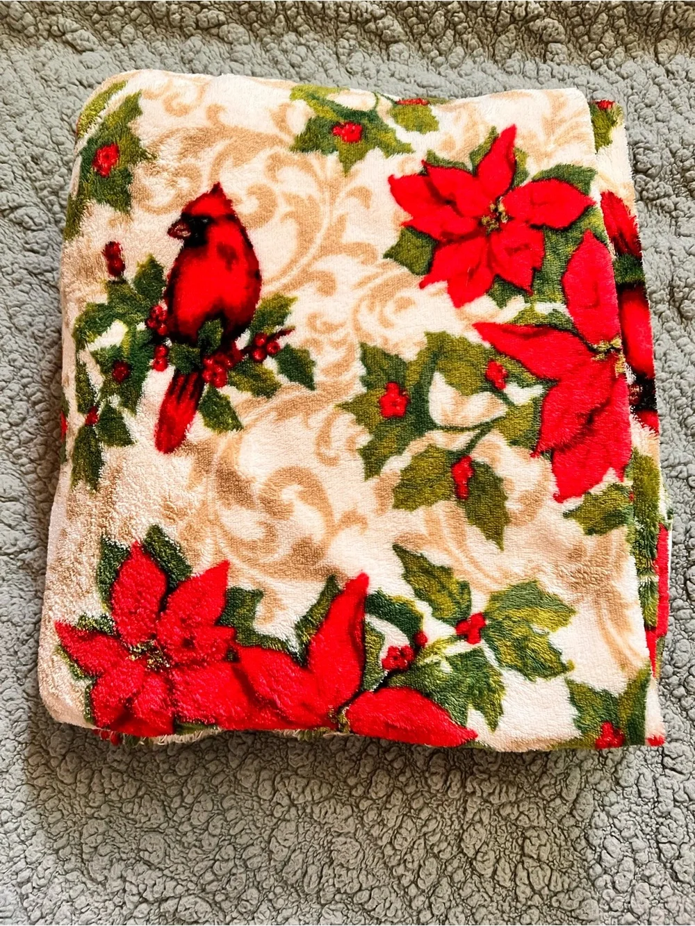 Festive Poinsettia & Cardinal Holiday Throw Blanket - Red & Cream